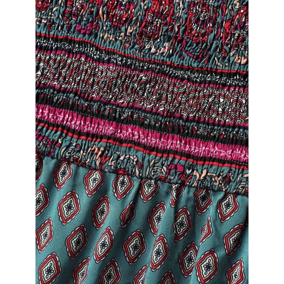 Plus Size Paisley Print Shirred Bodice Midi Dress Teal Women Square Neck Elbow-length sleeve Curvy BloomChic 18-20/2X Product Image