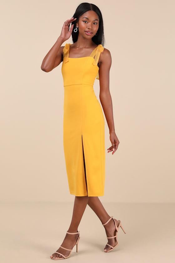 Romantic Celebration Yellow Tie-Strap Bodycon Midi Dress Product Image