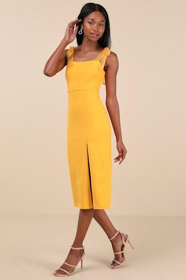 Romantic Celebration Yellow Tie-Strap Bodycon Midi Dress Product Image