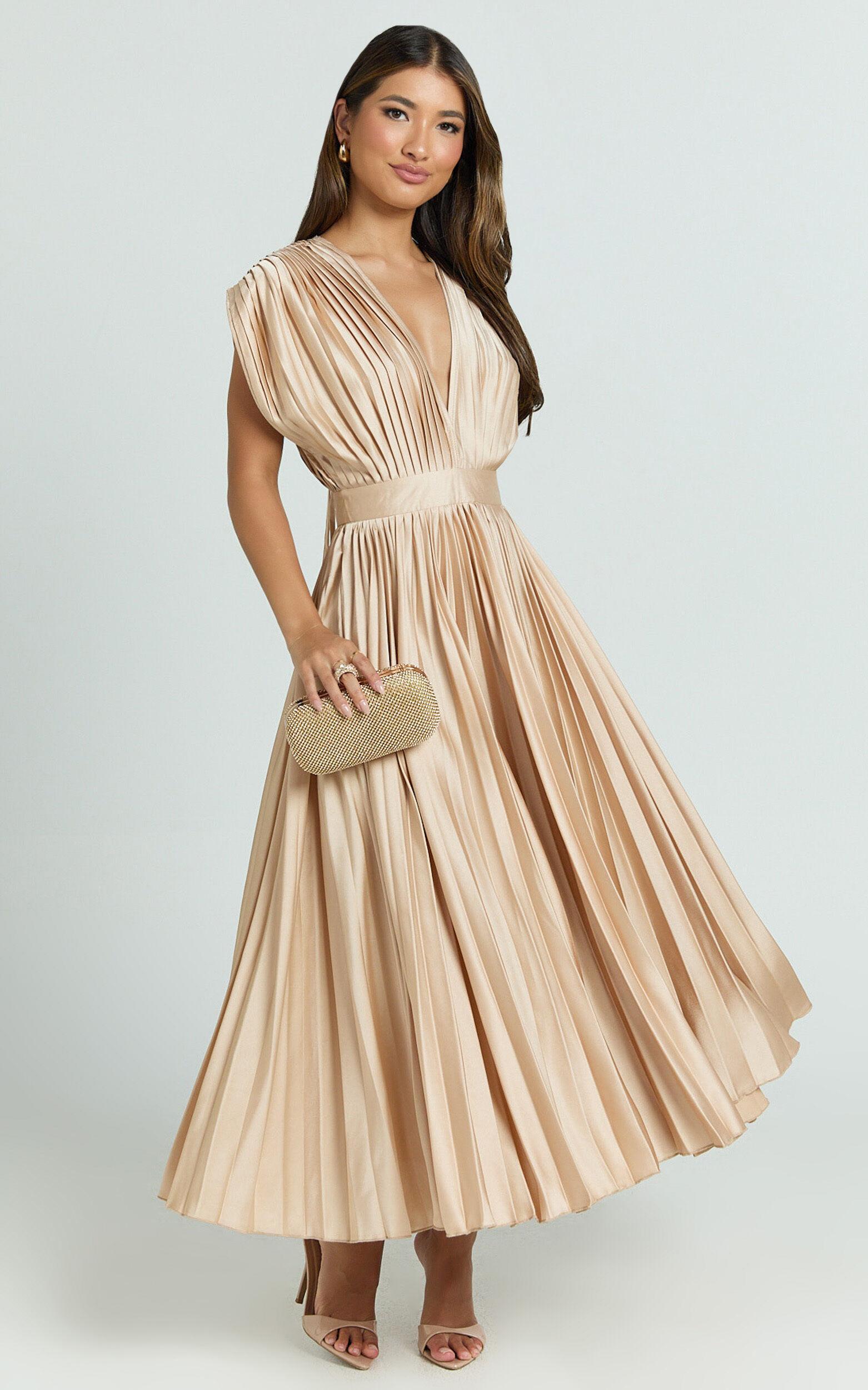 Della Midi Dress - Plunge Neck Short Sleeve Pleated Dress in Champagne Product Image