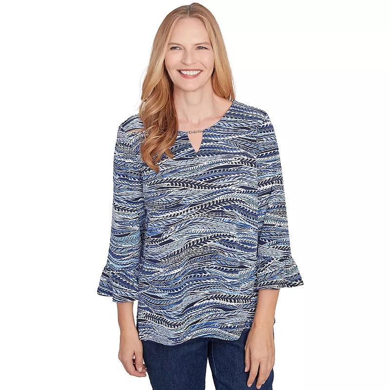 Women's Alfred Dunner Beaded Split Neck Feathers Top, Size: Large, Blue Product Image
