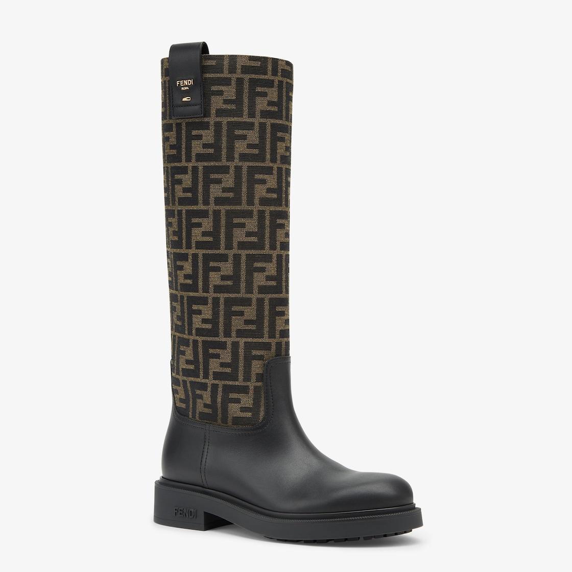 Fendi FiloBlack leather and brown FF fabric boots Product Image