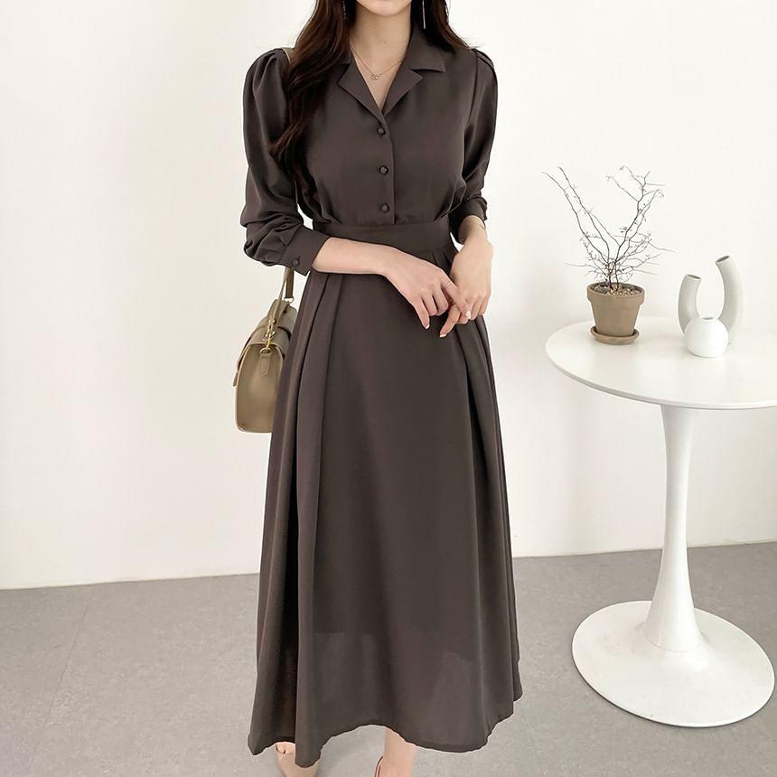 Long-Sleeve Plain Midi A-Line Shirt Dress Product Image