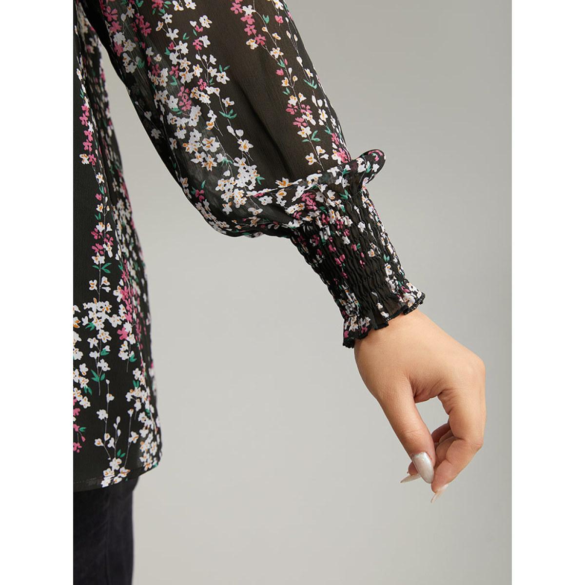 Plus Size Black Ditsy Floral Chiffon Ruffles Shirred Pleated Mesh Blouse Women Elegant Long Sleeve Round Neck Dailywear Blouses BloomChic 22-24/3X Product Image