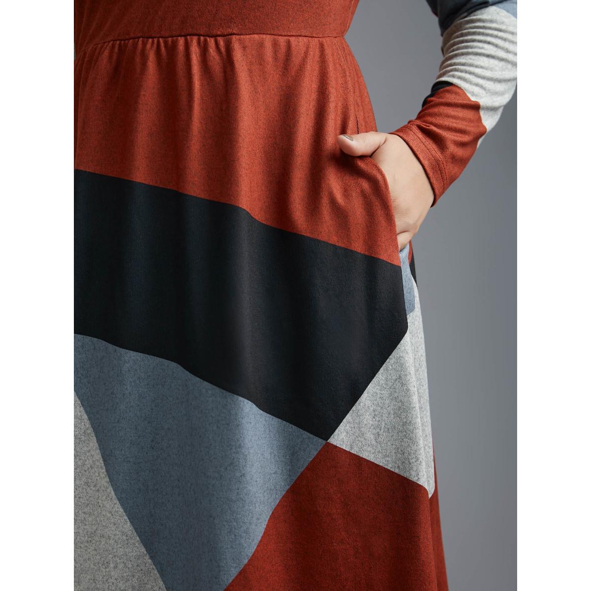 Plus Size Round Neck Geometric Colorblock Contrast Dress Multicolor Women Casual Contrast Knit Dresses Bloomchic 18-20/2X Product Image