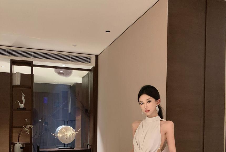 Sleeveless Mock Neck Plain Cut Out Bodycon Maxi Dress Product Image
