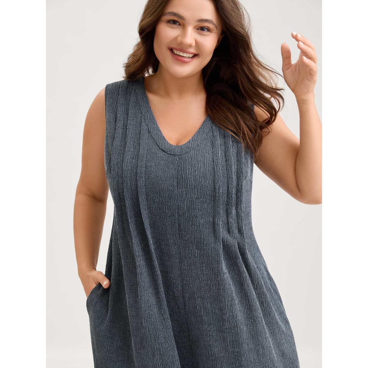 Plus Size Stone Stretchy Textured Pleated Wide-Leg Jumpsuit Women Sleeveless V-neck Everyday-Casual Loose Jumpsuits BloomChic 30/6X Product Image