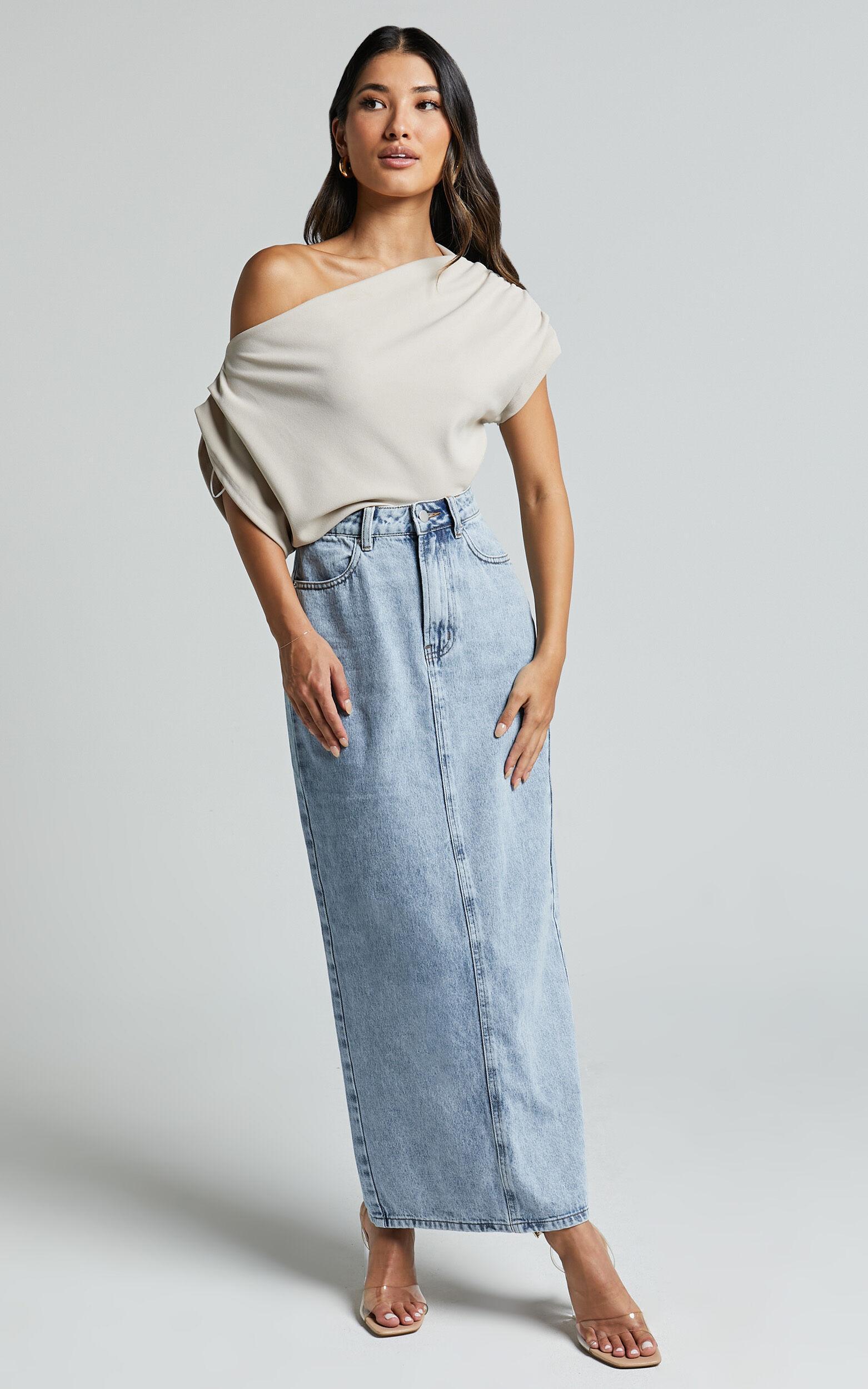 Bailee Midi Skirt - Denim Column Back Split Skirt in Light Blue Wash Product Image