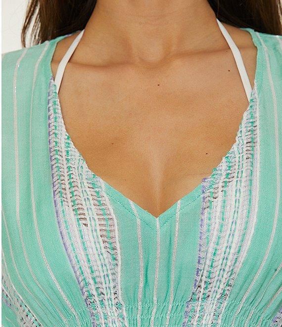 Becca By Rebecca Virtue Radiance Woven Metallic Stripe V-Neck Tunic Swim Cover-Up Product Image