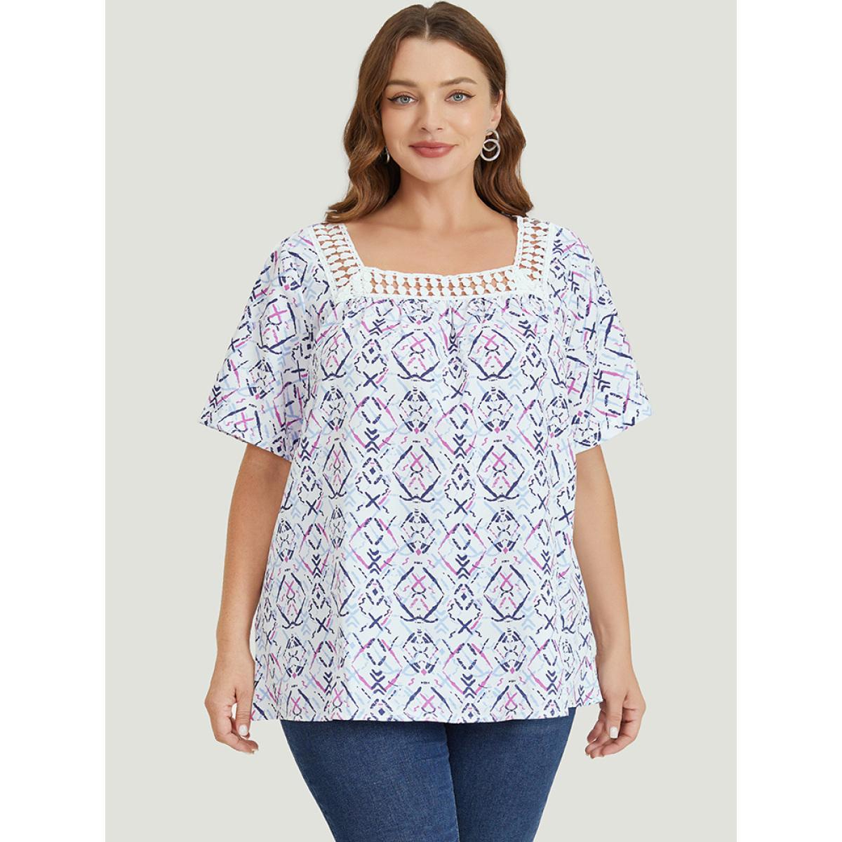 Plus Size White Geometric Print Square Neck Guipure Lace Blouse Women Elegant Short sleeve Square Neck Dailywear Blouses BloomChic 22-24/3X Product Image