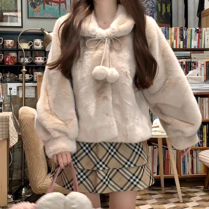 Collared Plain Pom Pom Fluffy Tie Front Jacket Product Image