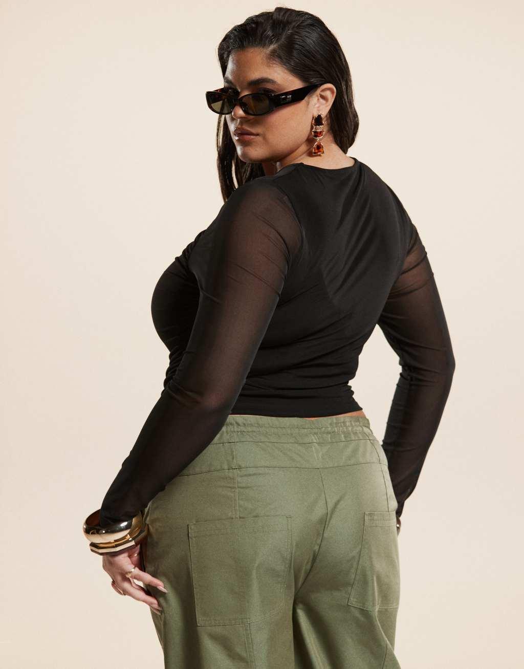 ASOS DESIGN Curve mesh draped front long sleeve top in black Product Image