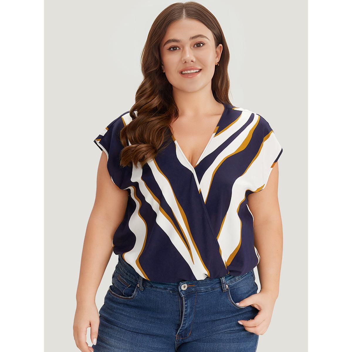 Plus Size Water Ripple Surplice Neck Dolman Sleeve Bodysuit Women Multicolor Water Ripple Wrap Bodysuits BloomChic 28/5X Product Image