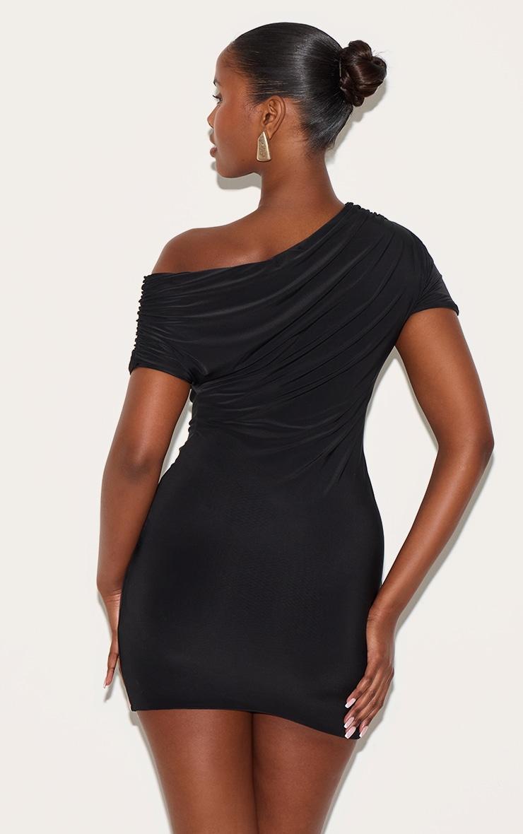 Black Slinky Off The Shoulder Ruched Mini Dress Product Image