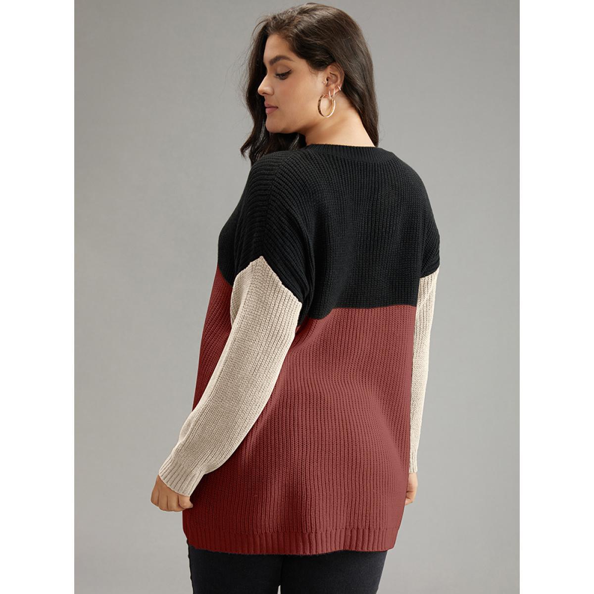 Plus Size Colorblock Contrast Crew Neck Pullover Rust Women Casual Loose Long Sleeve Round Neck Dailywear Pullovers BloomChic 14-16/1X Product Image