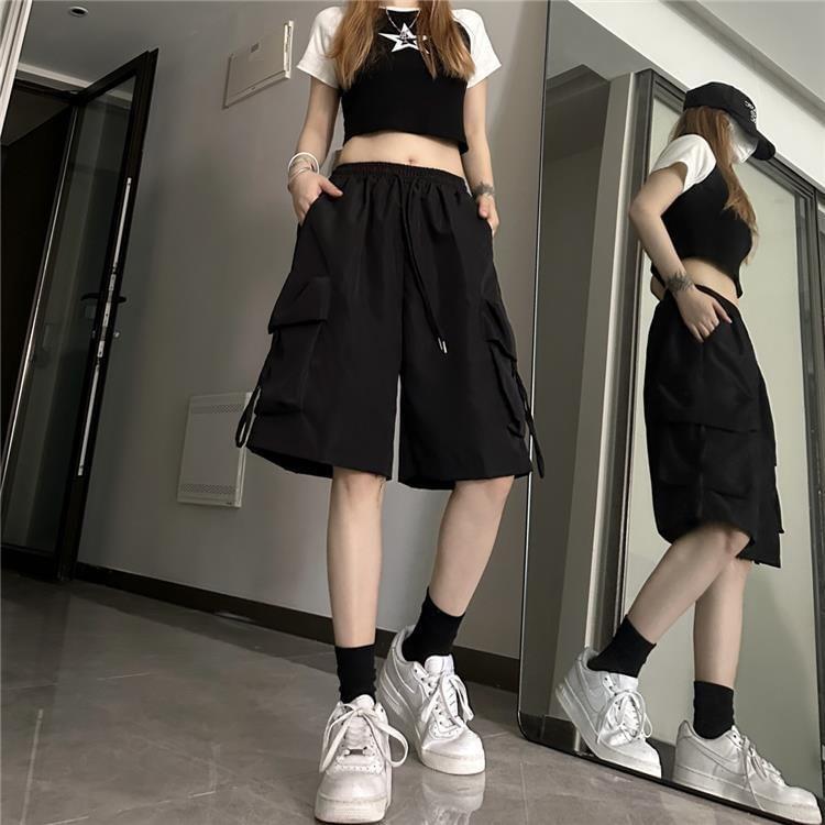 High Waist Plain Wide Leg Cargo Shorts Product Image