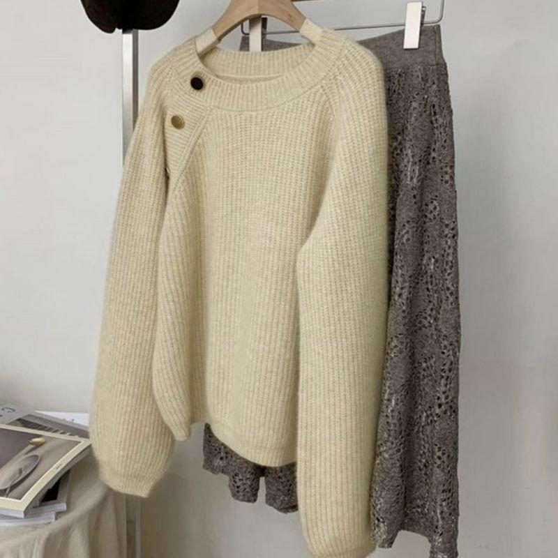 Puff-Sleeve Round Neck Plain Ribbed Sweater Product Image