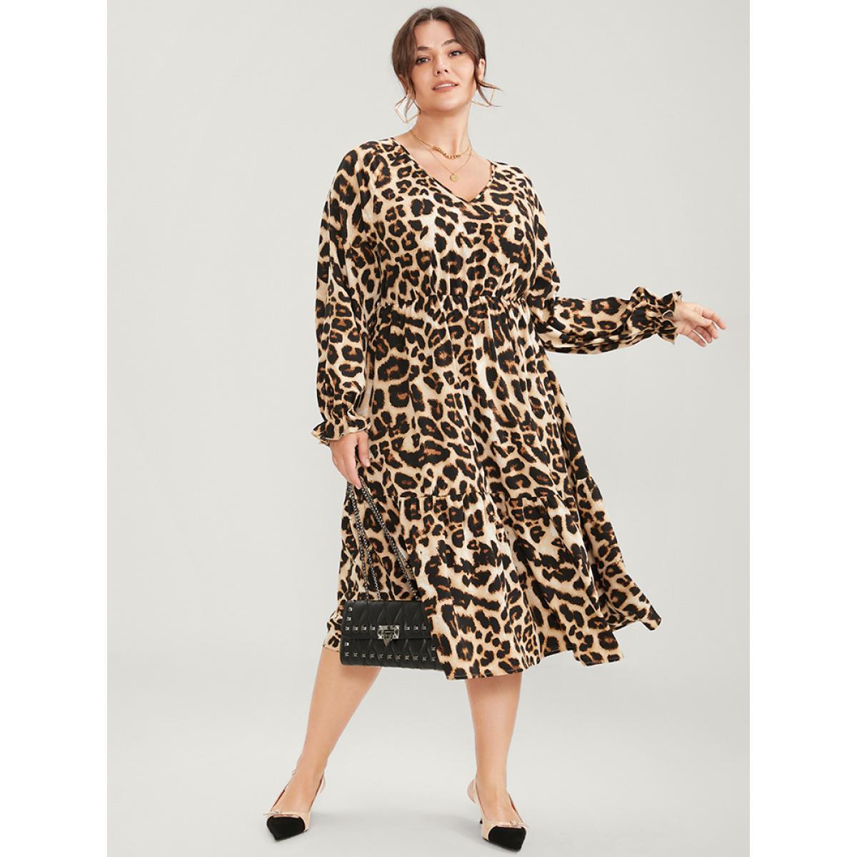 Plus Size Leopard Lantern Sleeve Pocket Ruffles Tiered Dress DarkBrown Women Office Pocket V-neck Long Sleeve Curvy Midi Dress BloomChic 10/M Product Image