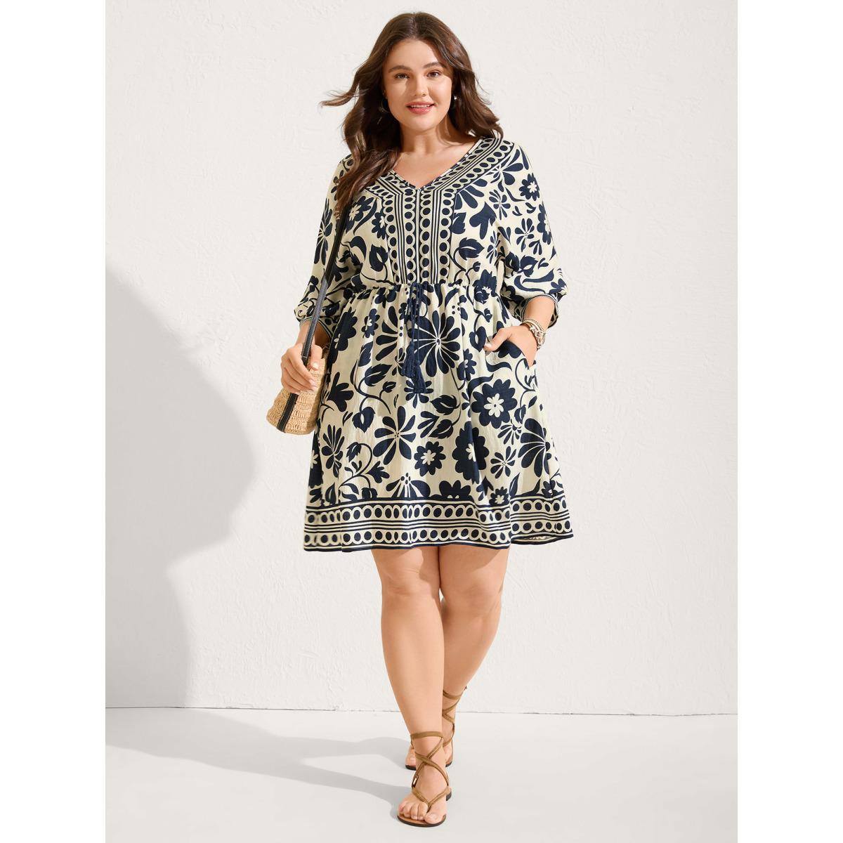 Plus Size Floral Waist-Drawstring Tassel Midi Dress Navy Women V-neck Elbow-length sleeve Curvy BloomChic 26/4X Product Image