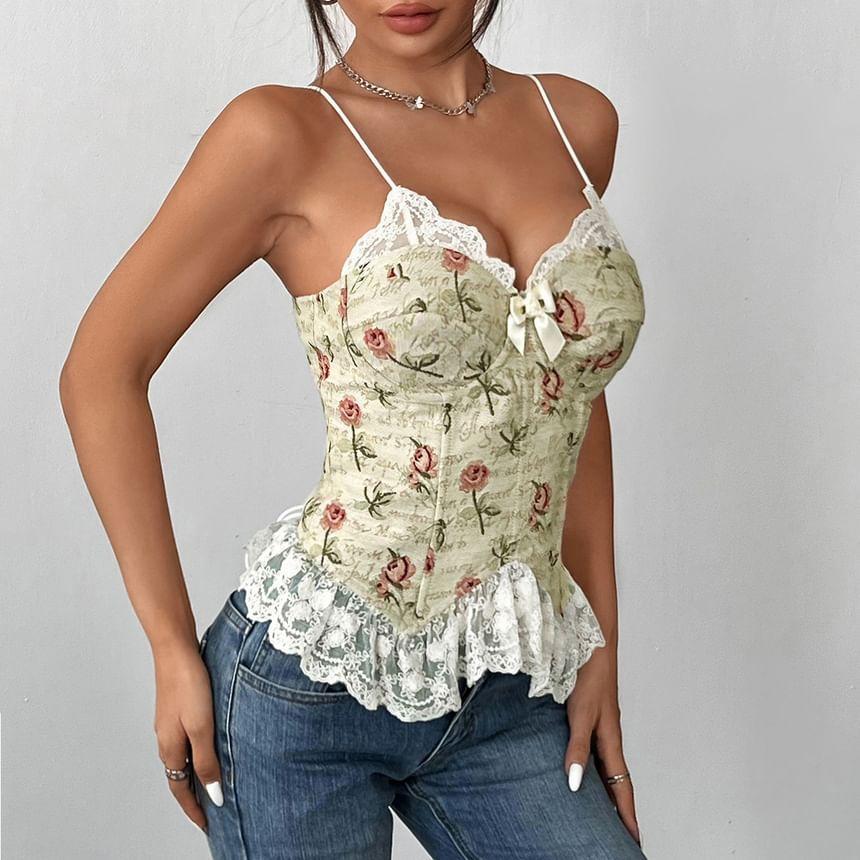 V-Neck Floral Jacquard Lace Panel Bow Accent Corset Top Product Image