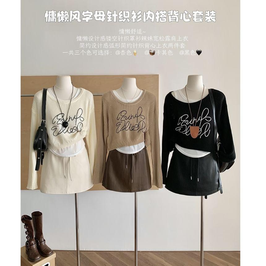 Set: Long-Sleeve Crewneck Lettering Crop Knit Top + Tank Top Product Image