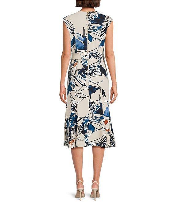 Calvin Klein Abstract Print Crew Neck Short Sleeve Belted A-Line Midi Dress Product Image