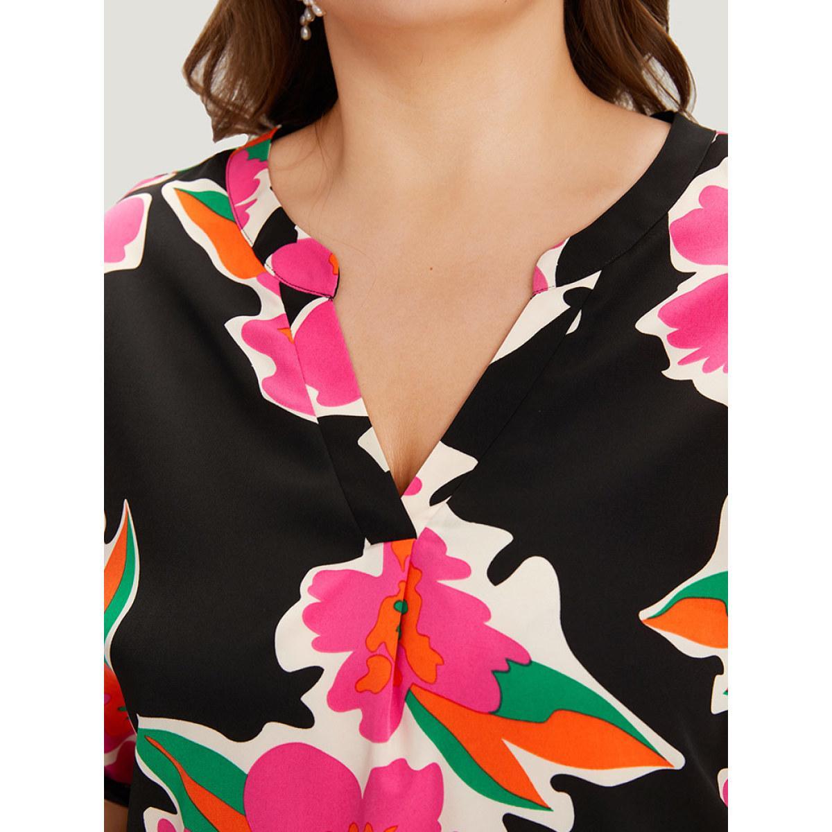 Plus Size Multicolor Floral Print Notched Roll Dolman Sleeve Blouse Women Glamour Short sleeve Notched collar Going out Blouses BloomChic 30/6X Product Image