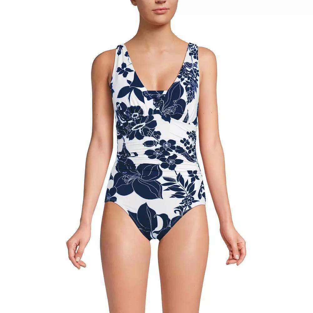 Women's Lands' End Grecian Slendersuit Tummy Control One-Piece Swimsuit, Size: 18, White Navy Lilies Product Image