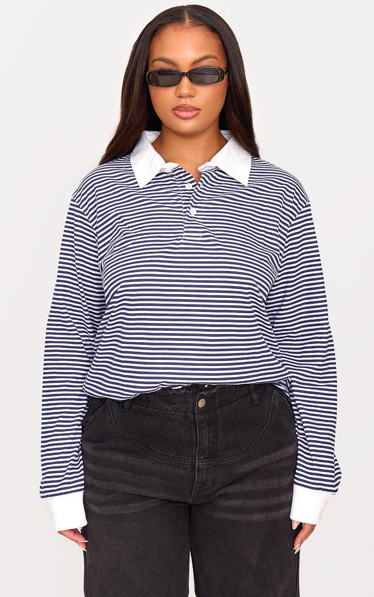 Plus Navy Striped Collared Oversized Long Sleeve T Shirt Product Image