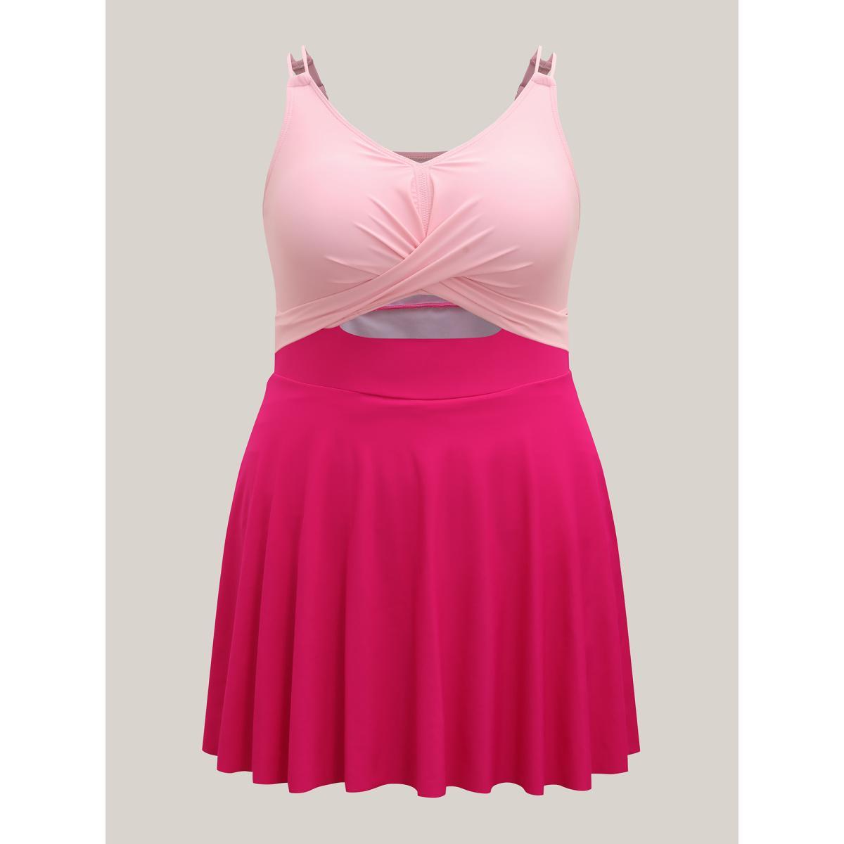 Plus Size Anti-Float Ties Cut-Out Swim Dress Women's Swimwear Rosered Beach Bodycon V-neck High stretch Curve Swim Dresses BloomChic 12/L Product Image