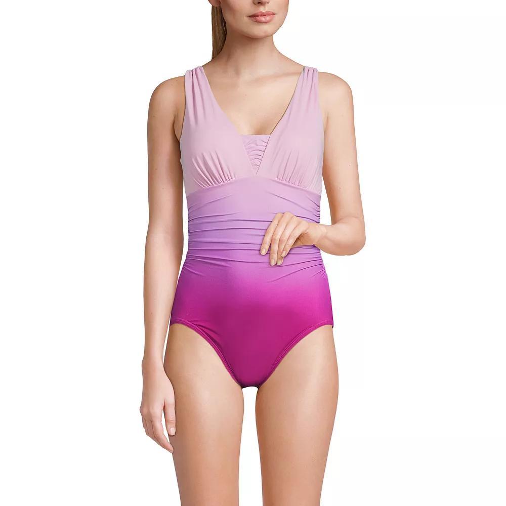 Women's Lands' End D-Cup Slender Grecian Tummy-Control One-Piece Swimsuit, Size: 14D, Red Rose Purple Product Image