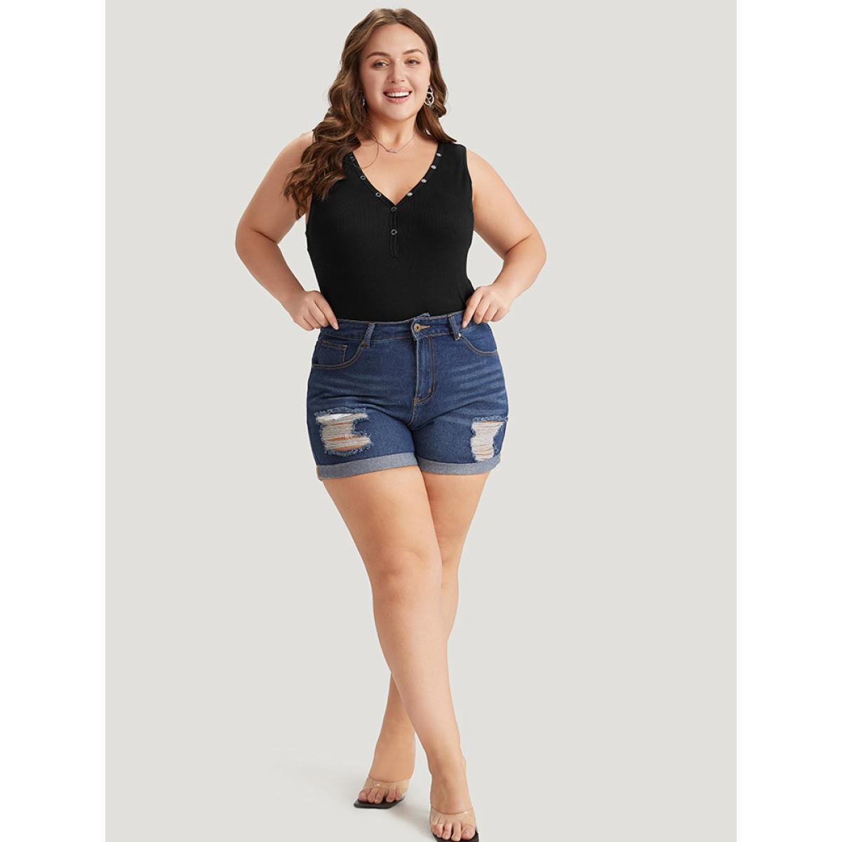 Plus Size Supersoft Essentials Plain Rib Knit Button Detail Tank Bodysuit Women Black Plain Button Bodysuits BloomChic 18-20/2X Product Image