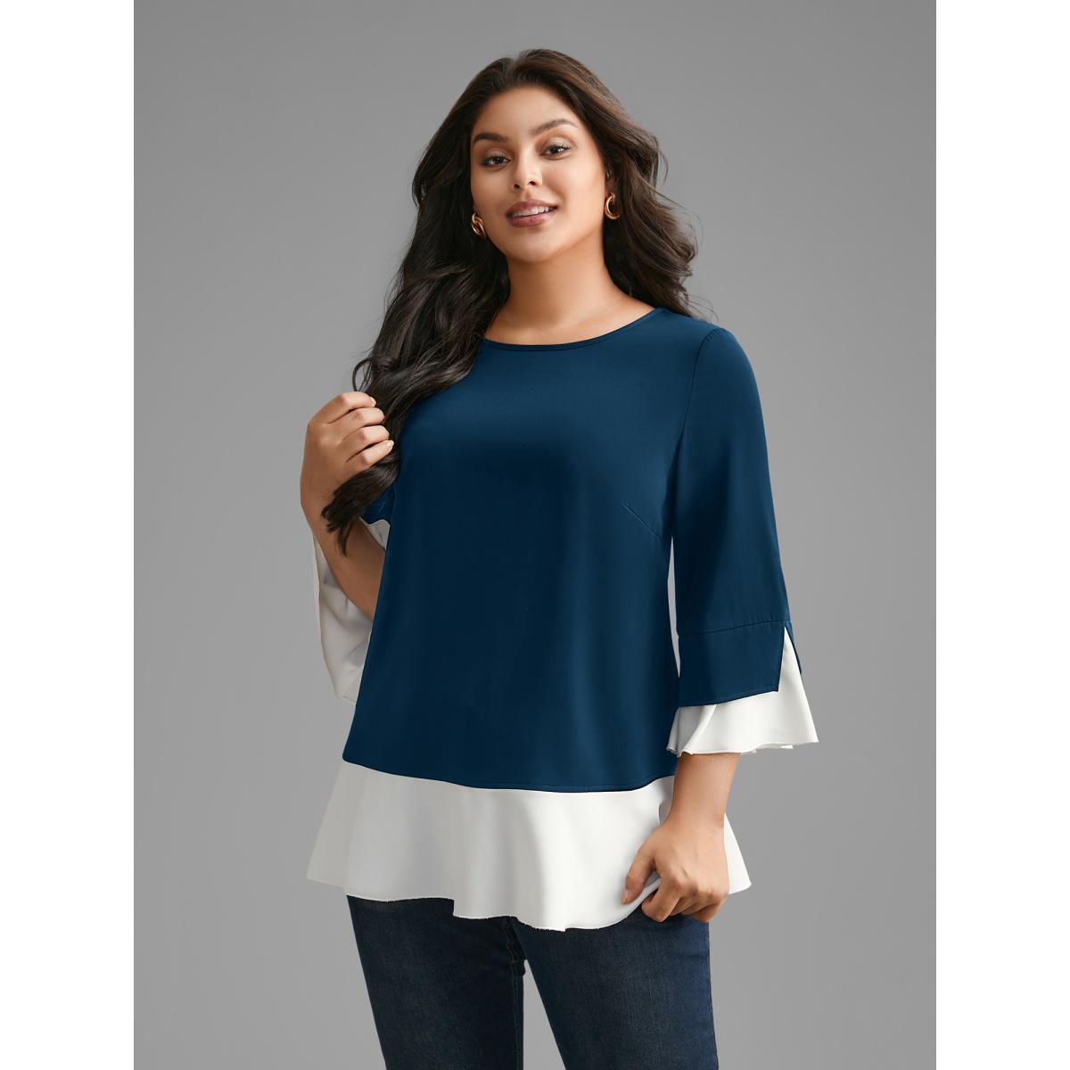 Plus Size Indigo Contrast Patchwork Bell Sleeve Blouse Women Elegant Elbow-length sleeve Round Neck Everyday Blouses BloomChic 18-20/2X Product Image