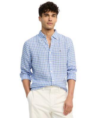 Tommy Hilfiger Mens Slim-Fit Gingham Check Button-Down Linen Shirt - Teaberry Blossom Product Image