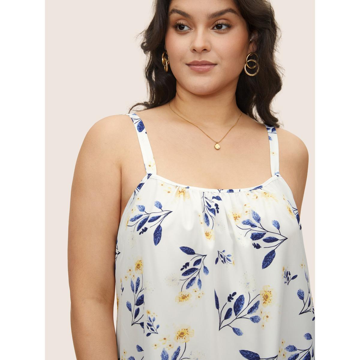 Plus Size Floral Gathered Adjustable Straps Tank Top Women White Elegant Gathered Everyday Tank Tops Camis BloomChic 18-20/2X Product Image