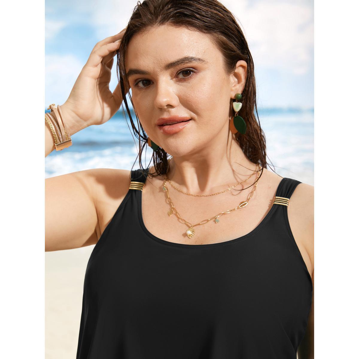 Plus Size Metal Detail Wrap Hem Gathered Swim Top Women's Swimwear Black Beach Gathered High stretch Bodycon U-neck Curve Swim Tops BloomChic 22-24/3X Product Image