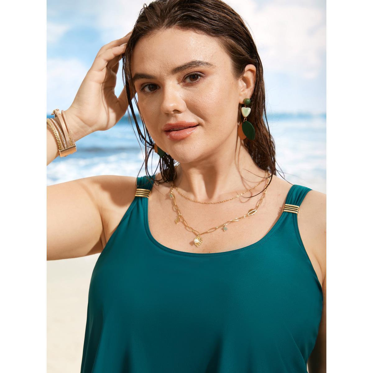 Plus Size Metal Detail Wrap Hem Gathered Swim Top Women's Swimwear Teal Beach Gathered High stretch Bodycon U-neck Curve Swim Tops BloomChic 10/M Product Image