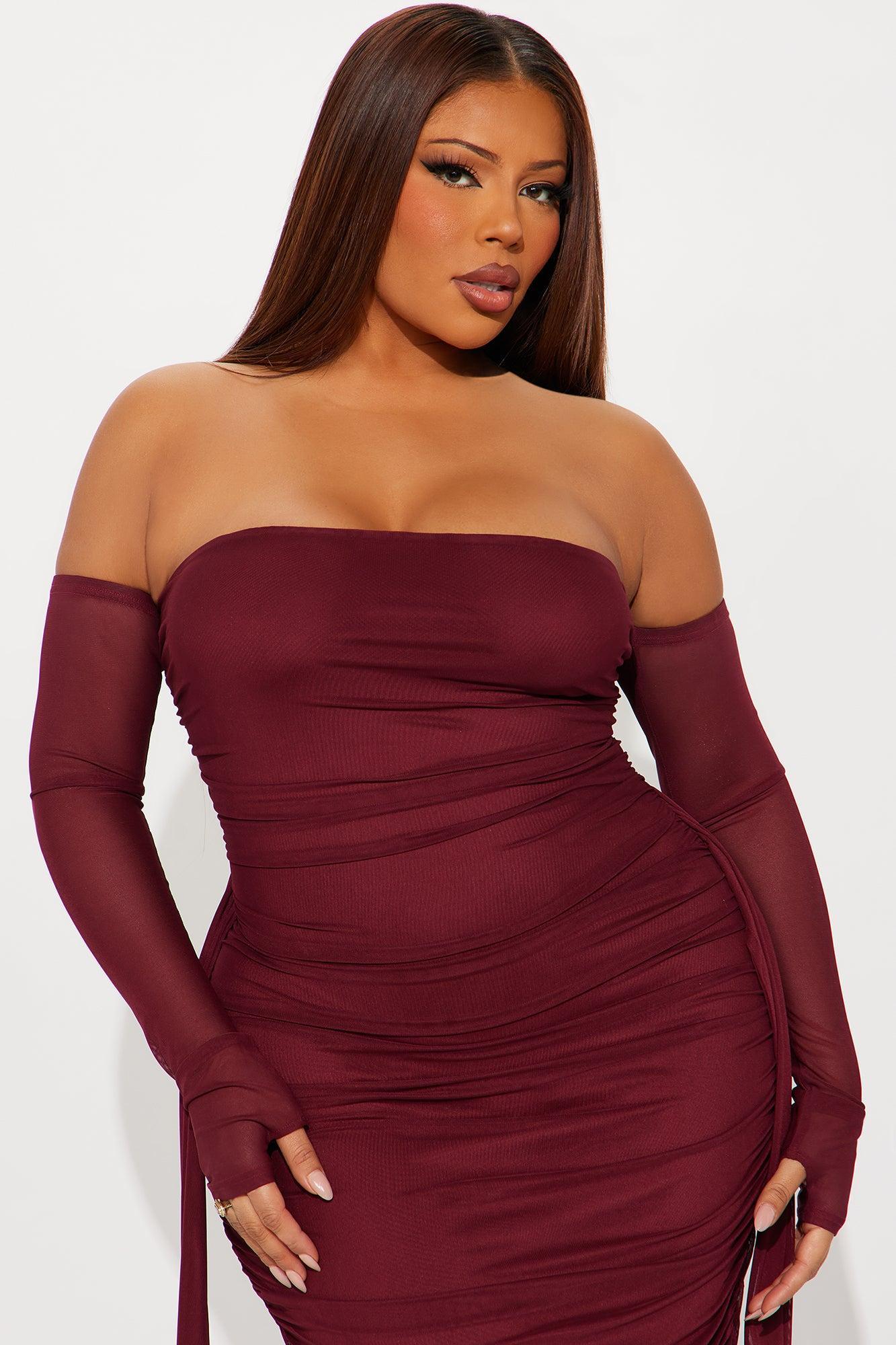 Kourtney Mesh Ruched Maxi Dress - Burgundy Product Image