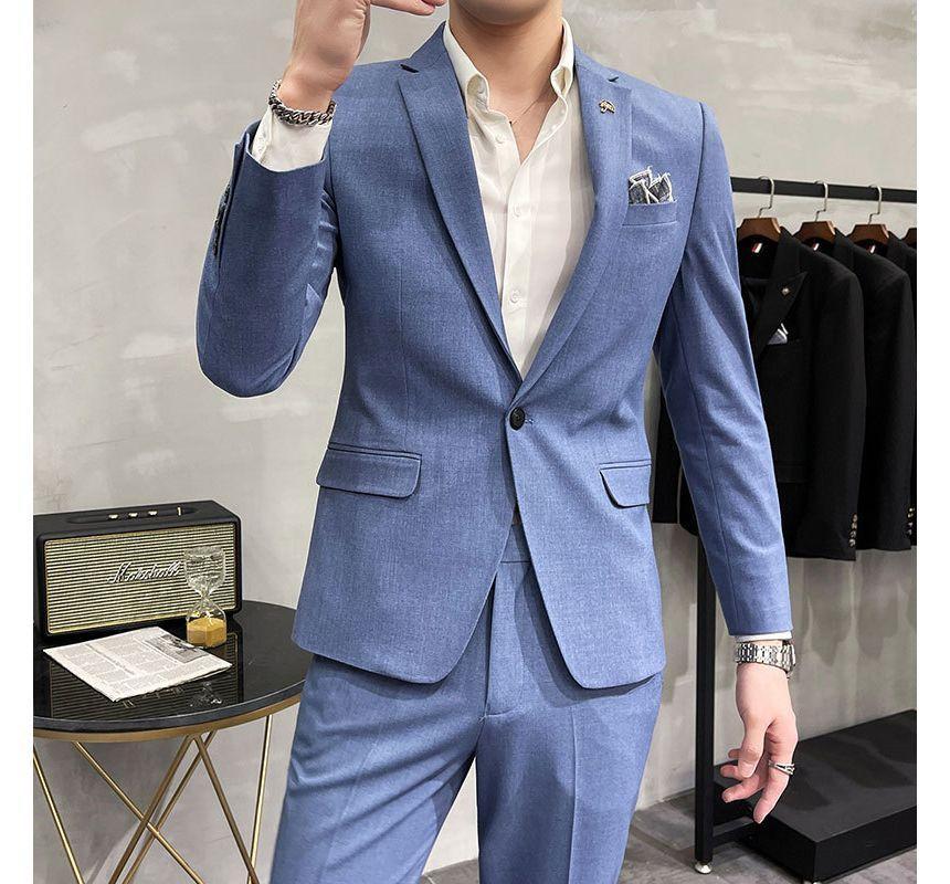 Set: Plain One-Buttoned Blazer + High Waist Straight Leg Dress Pants Product Image