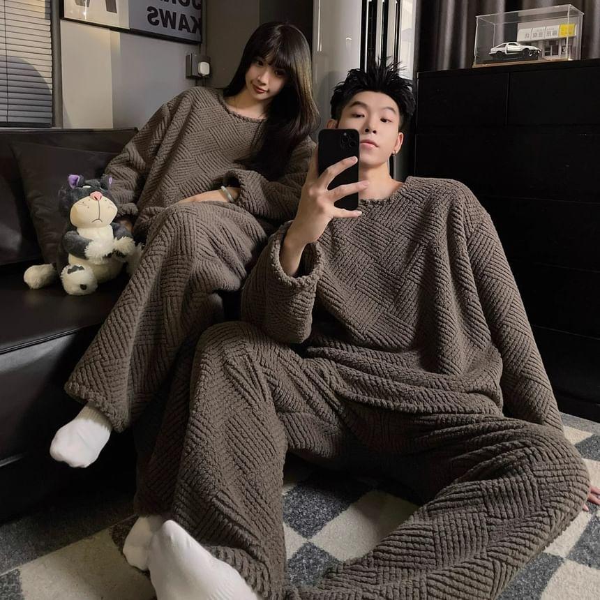 Couple Matching Pajama Set: Crew Neck Plain Quilted Sweatshirt + Pants Product Image