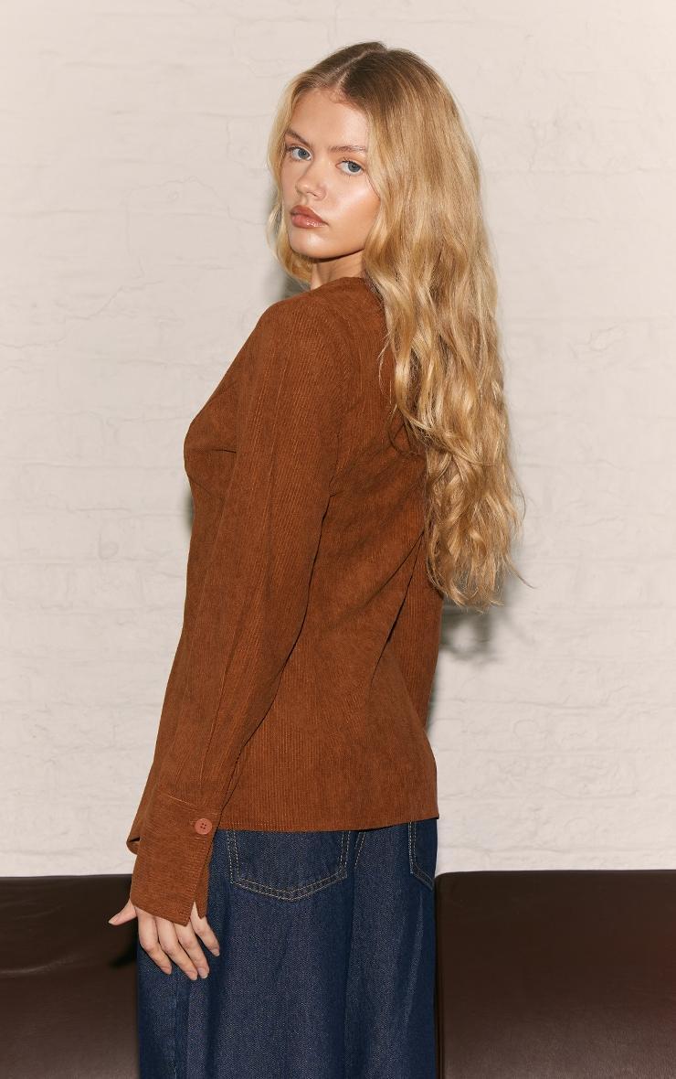 Tan Corduroy Plunge Fitted Blouse Product Image