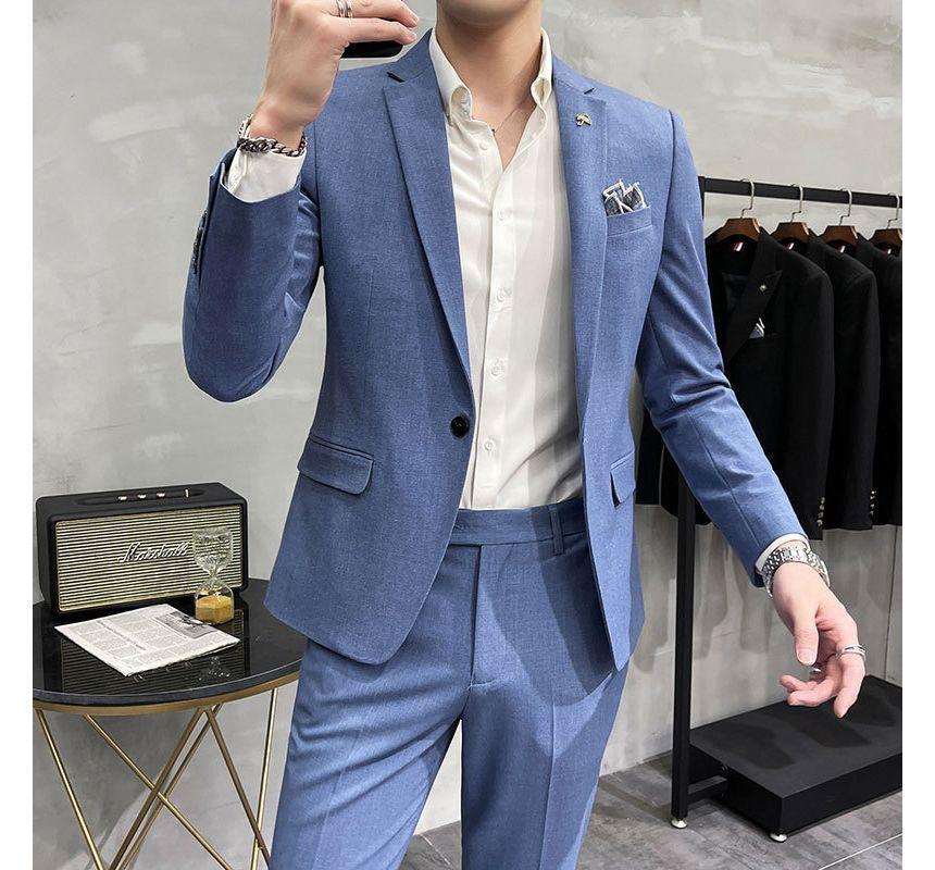 Set: Plain One-Buttoned Blazer + High Waist Straight Leg Dress Pants Product Image