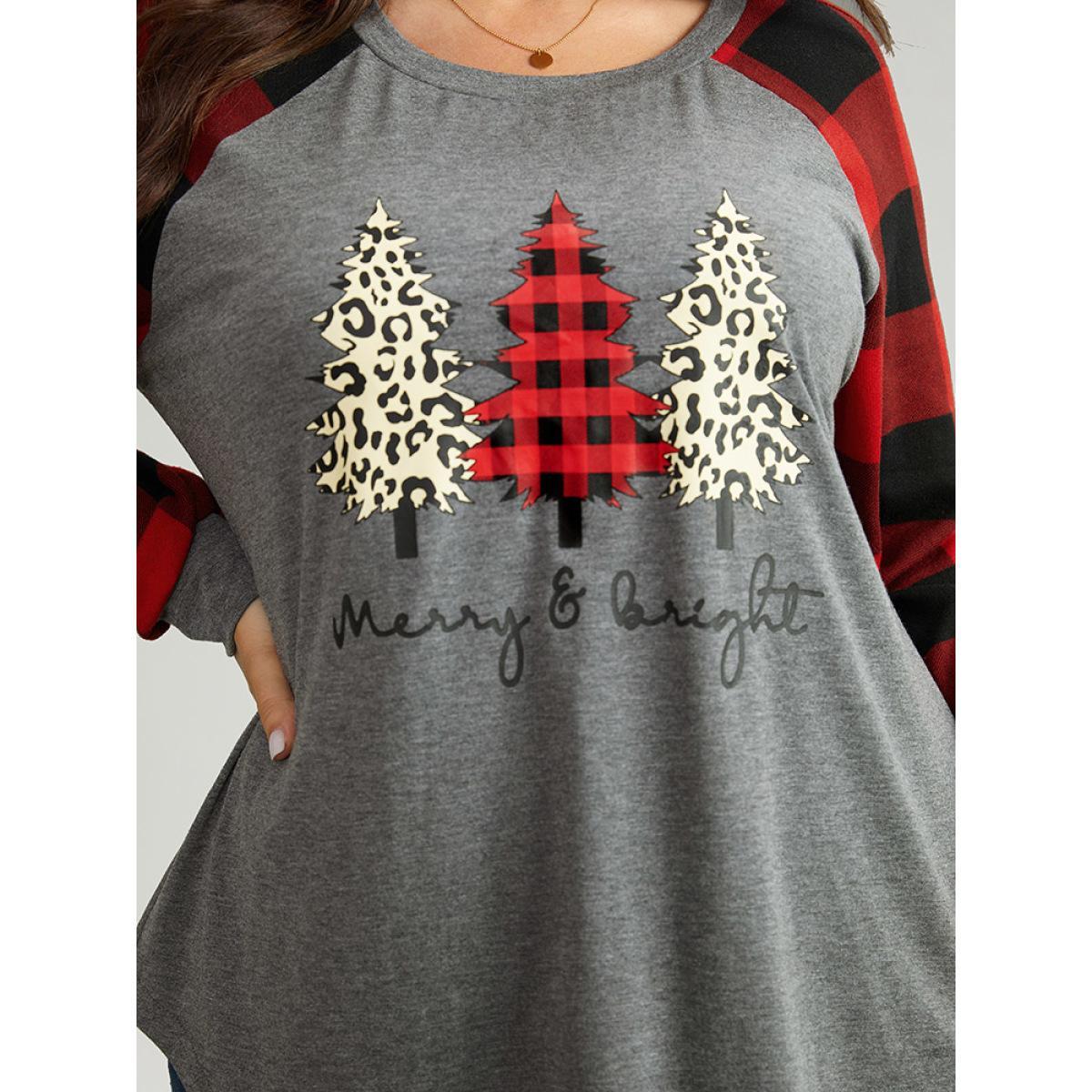 Plus Size Plaid Christmas Trees Round Neck T-shirt Gray Women Casual Contrast Christmas Festival-Christmas T-shirts BloomChic 10/M Product Image