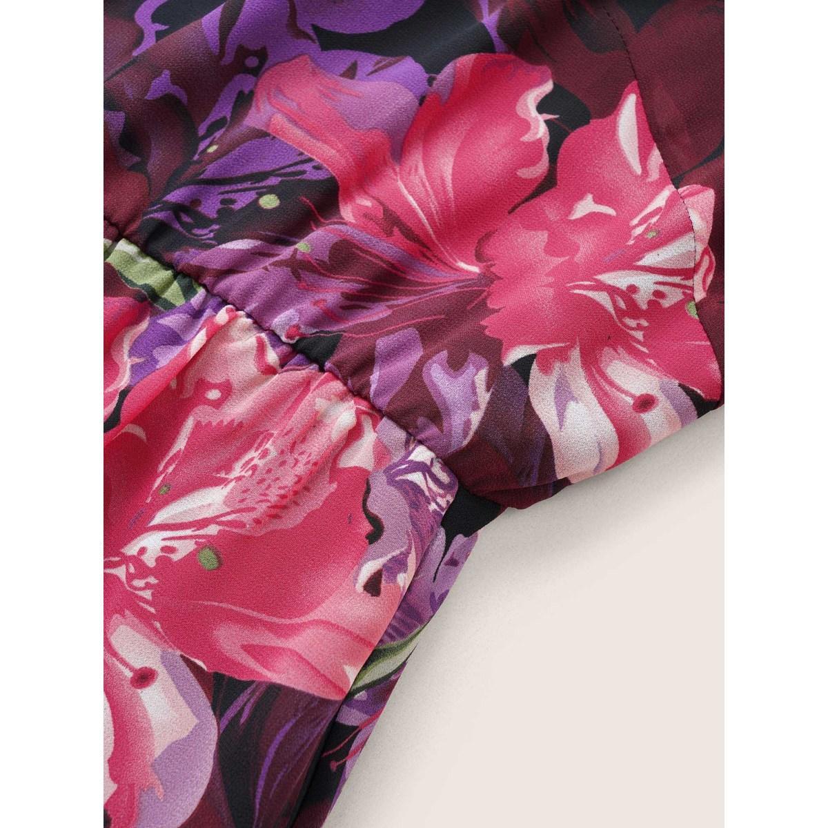 Plus Size Floral Lantern Sleeve Mesh Elastic Waist Dress RedViolet Women Elegant Non V-neck Long Sleeve Curvy Midi Dress BloomChic 28/5X Product Image