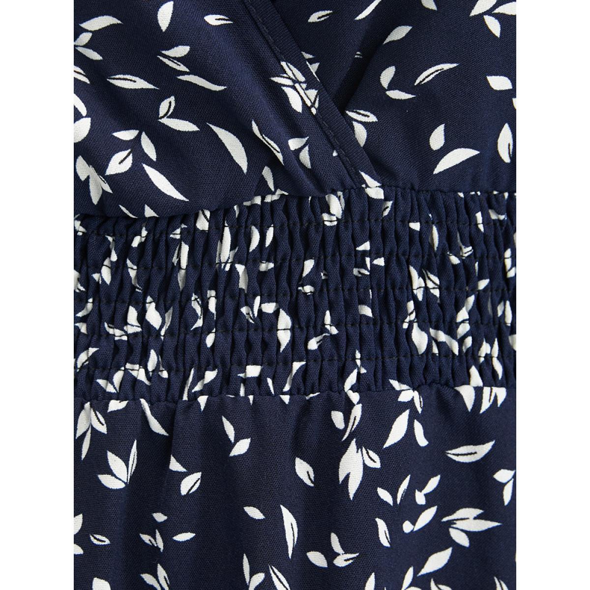 Plus Size Plant Print Pocket Lantern Sleeve Wrap Shirred Dress Indigo Women Elegant Shirred V-neck Long Sleeve Curvy Midi Dress BloomChic 12/L Product Image