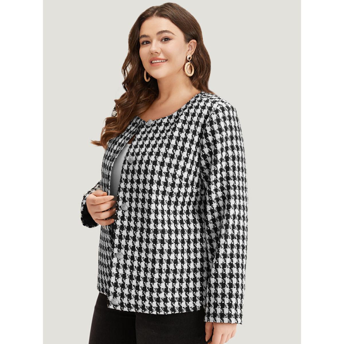 Plus Size Houndstooth Button Through Blazer Women Black Casual Texture Ladies Dailywear Winter Coats BloomChic 22-24/3X Product Image