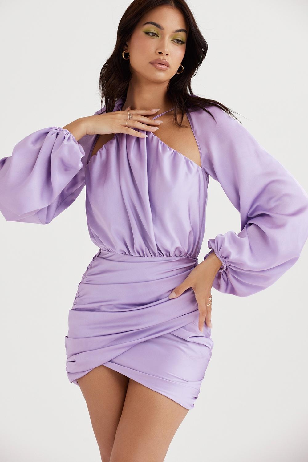 Kate  orchid satin wrap front mini dress Product Image