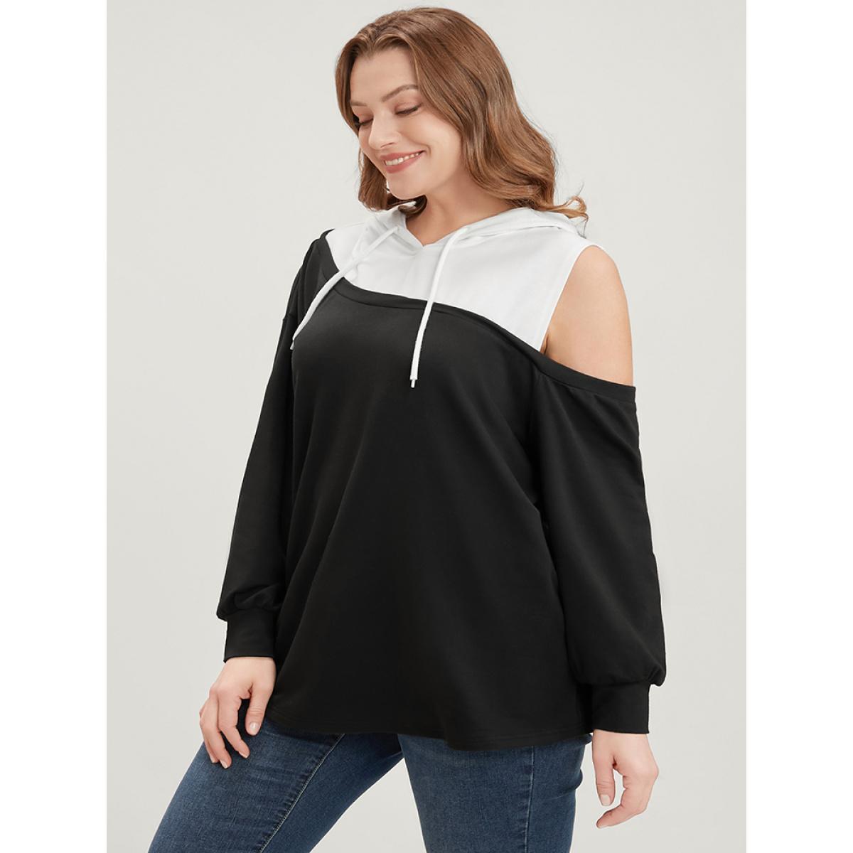 Plus Size Colorblock Contrast Drawstring Cut Out Sweatshirt Women Black Casual Contrast Hooded Dailywear Sweatshirts BloomChic 12/L Product Image