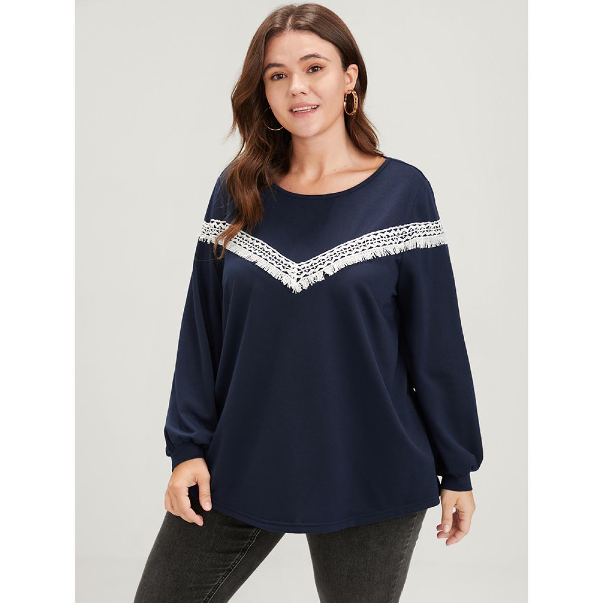 Plus Size Plain Round Neck Contrast Lace Drop Shoulder Sweatshirt Women Midnight Casual Contrast Round Neck Dailywear Sweatshirts BloomChic 22-24/3X Product Image