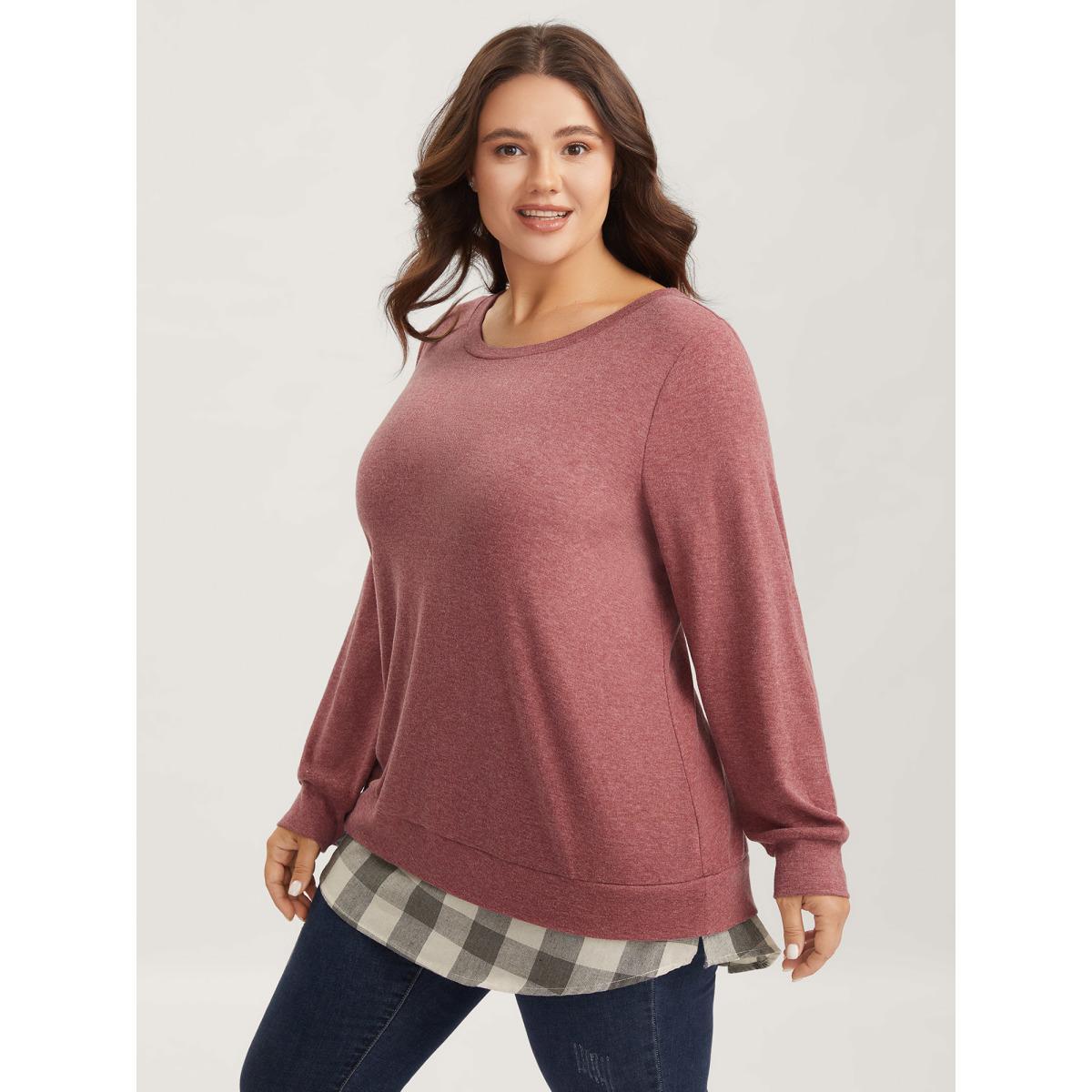 Plus Size Heather Plaid Patchwork Crew Neck T-shirt Russet Women Casual Heather Plaid Round Neck Everyday T-shirts BloomChic 18-20/2X Product Image